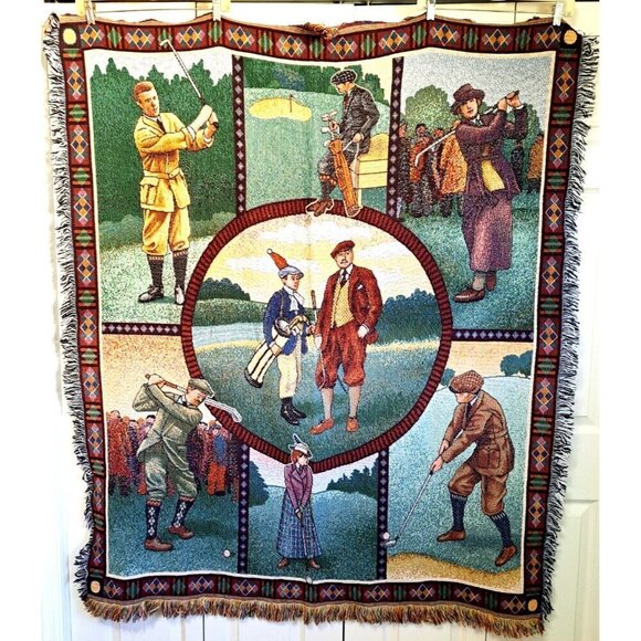 American Weavers Vintage Tapestry Blanket Golf Themed - Picture 1 of 11